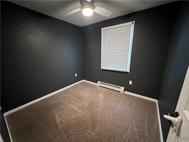 unfurnished room featuring ceiling fan, carpet floors, and baseboard heating