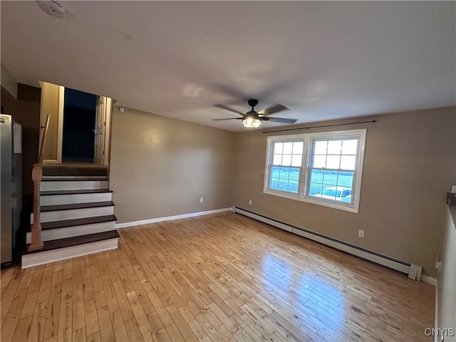 unfurnished living room with a baseboard radiator, light hardwood / wood-style flooring, and ceiling fan