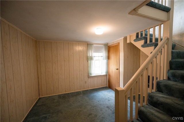 interior space with wood walls and carpet flooring