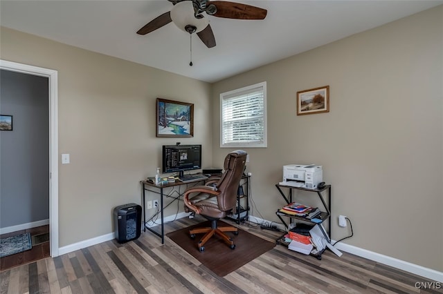 home office with hardwood / wood-style floors and ceiling fan