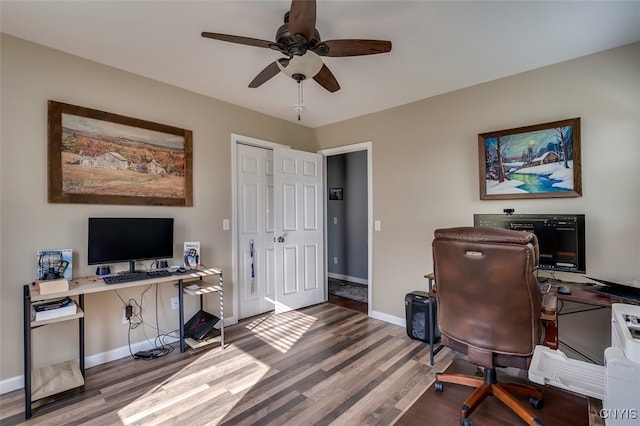 office space featuring wood-type flooring and ceiling fan