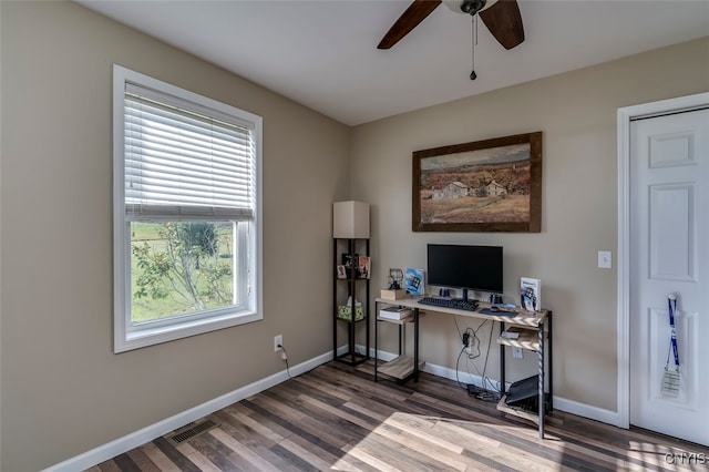 office space with ceiling fan and wood-type flooring