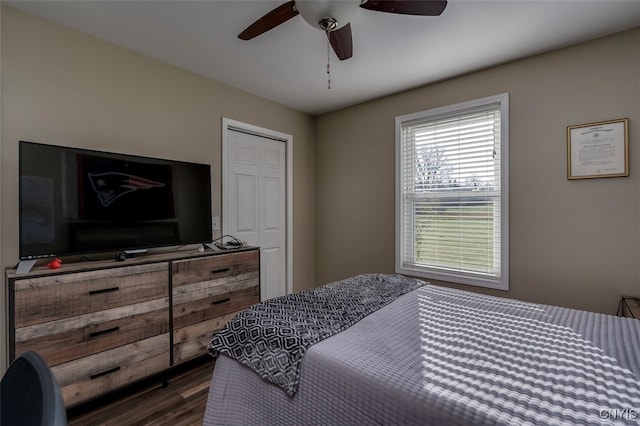 bedroom featuring dark wood-type flooring, a closet, and ceiling fan