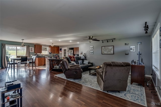 living room featuring dark wood-type flooring, rail lighting, and ceiling fan