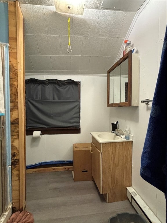 bathroom featuring vanity, wood-type flooring, and a baseboard radiator