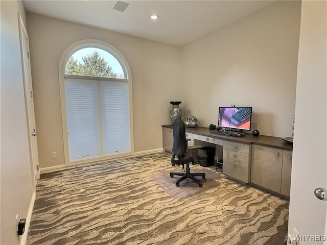 view of carpeted home office