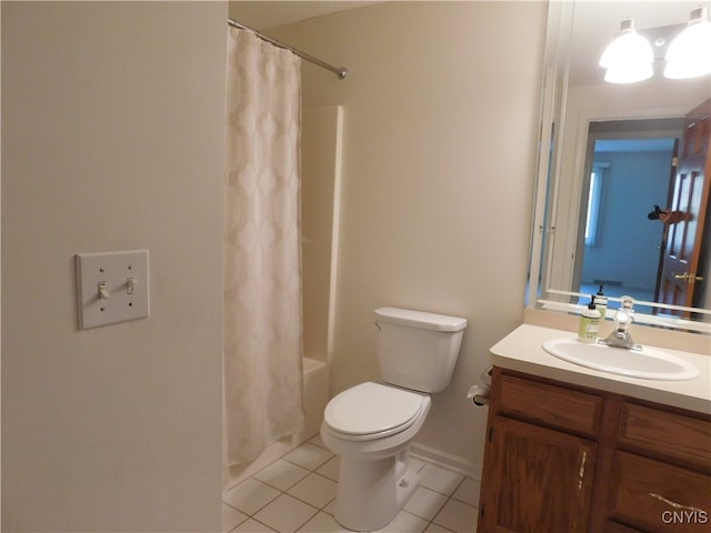 full bathroom with vanity, toilet, tile patterned floors, and shower / tub combo with curtain