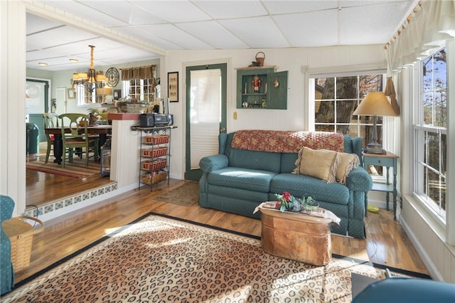 399 Fire Lane 34, Moravia, NY 13118 - living room with a drop ceiling, an inviting chandelier, and wood finished floors