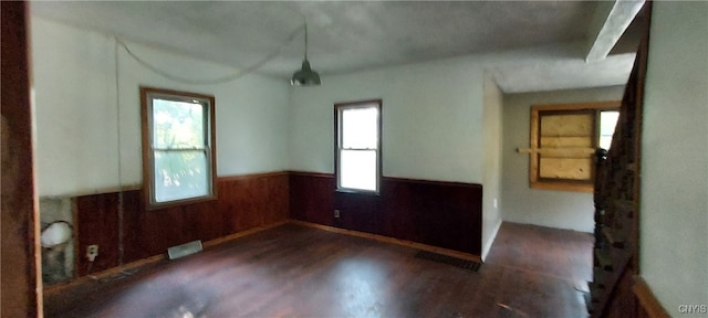 unfurnished room with wood walls, dark hardwood / wood-style floors, and a healthy amount of sunlight