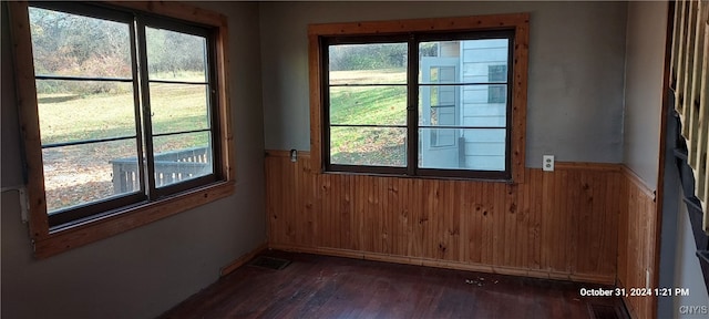 doorway to outside featuring wood walls, dark hardwood / wood-style floors, and plenty of natural light