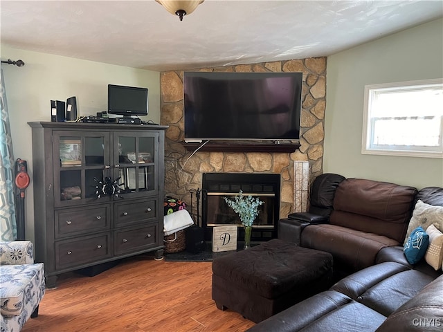 living room featuring a stone fireplace and wood-type flooring