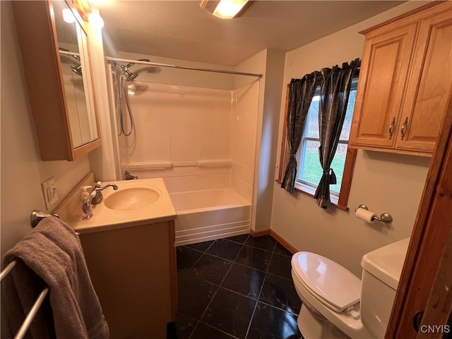 full bathroom featuring toilet, shower / washtub combination, vanity, and tile patterned flooring