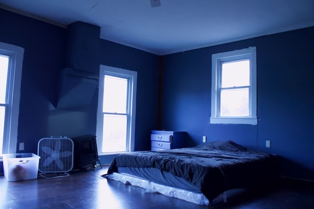 bedroom featuring dark wood-type flooring, multiple windows, and ceiling fan