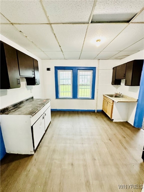 kitchen featuring dark brown cabinetry, a paneled ceiling, and light wood-type flooring