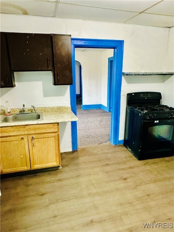 kitchen with sink, light hardwood / wood-style floors, black gas range oven, and a paneled ceiling