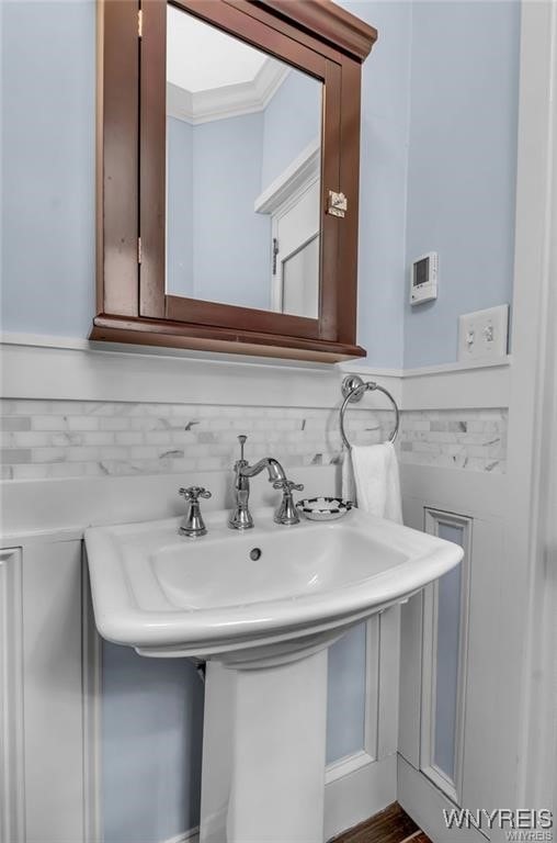 800 W Ferry St Unit 2Cc, Buffalo, NY 14222 - bathroom with backsplash, a sink, and ornamental molding