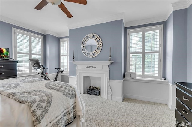 800 W Ferry St Unit 2Cc, Buffalo, NY 14222 - bedroom with crown molding, a ceiling fan, light carpet, a fireplace, and baseboards