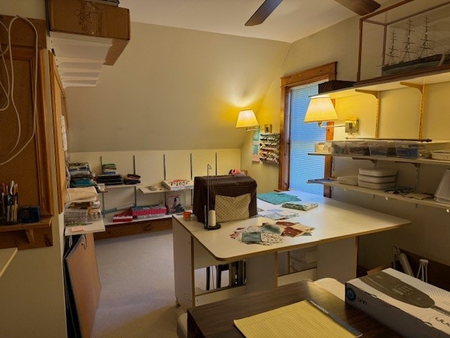 dining room featuring lofted ceiling and ceiling fan