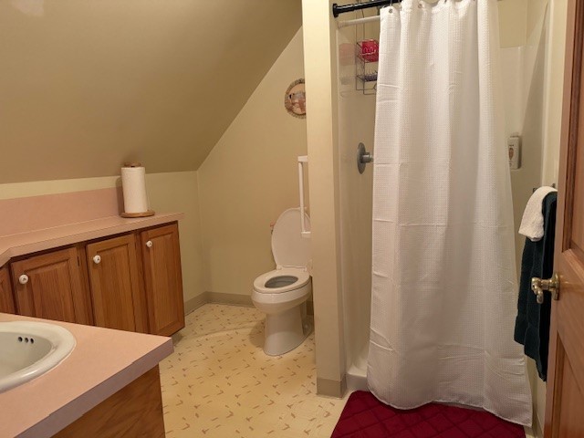 bathroom featuring vanity, vaulted ceiling, curtained shower, and toilet