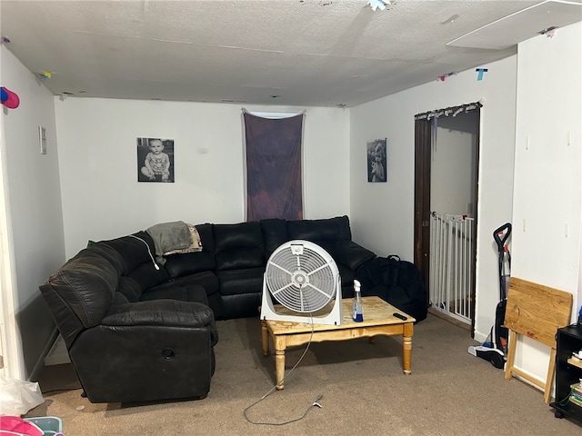 living room with a textured ceiling and carpet floors