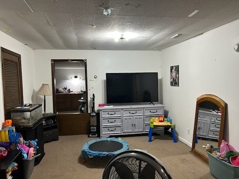 recreation room featuring a textured ceiling and light colored carpet