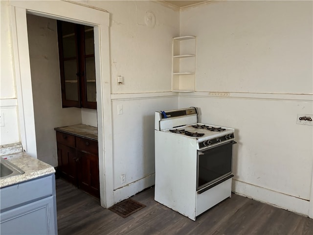 kitchen with dark brown cabinetry, dark hardwood / wood-style floors, and gas range gas stove