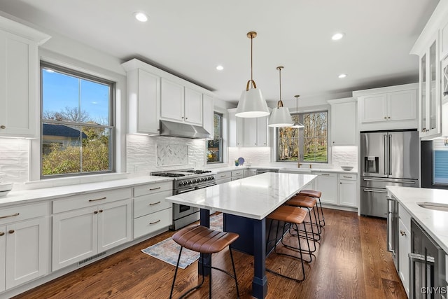 kitchen with light stone countertops, decorative backsplash, high end appliances, dark hardwood / wood-style floors, and white cabinetry