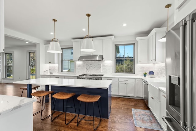 kitchen featuring dark hardwood / wood-style flooring, hanging light fixtures, white cabinets, and stainless steel appliances