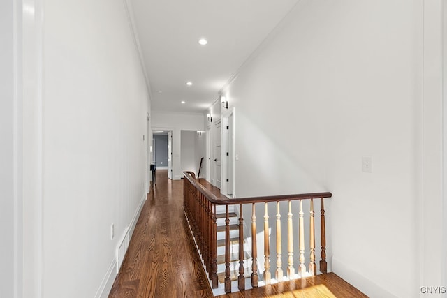 hall with crown molding and hardwood / wood-style flooring