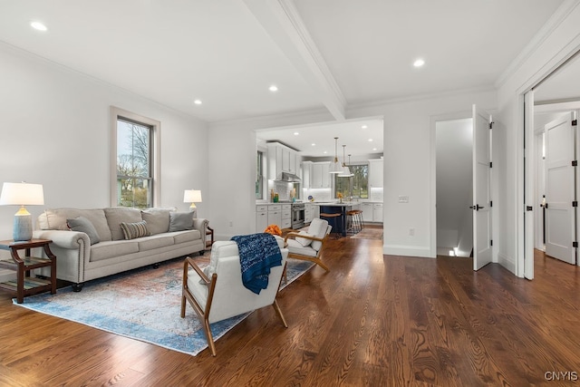 living room with ornamental molding, dark wood-type flooring, and beam ceiling