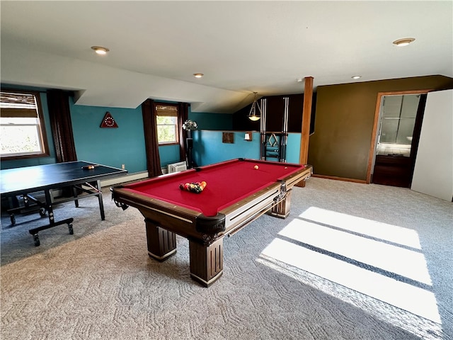 rec room with lofted ceiling, carpet, billiards, and a baseboard radiator