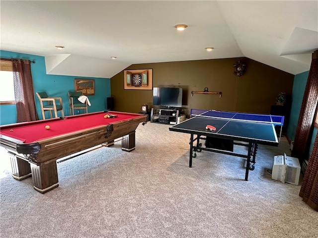 recreation room featuring pool table, carpet floors, and vaulted ceiling