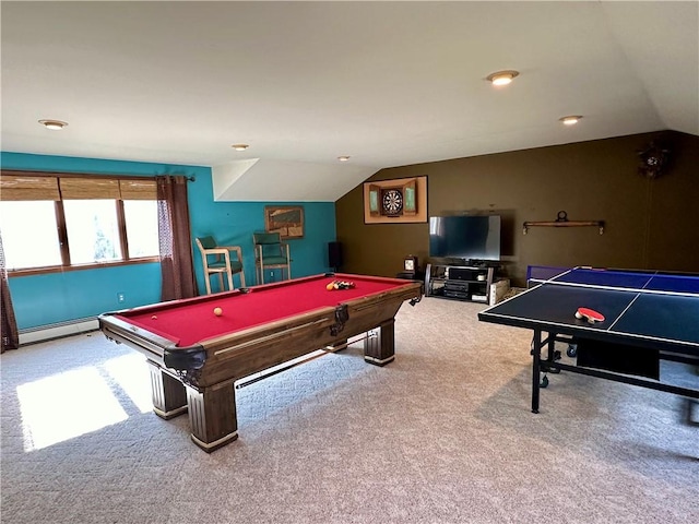 recreation room featuring carpet floors, a baseboard radiator, vaulted ceiling, and pool table