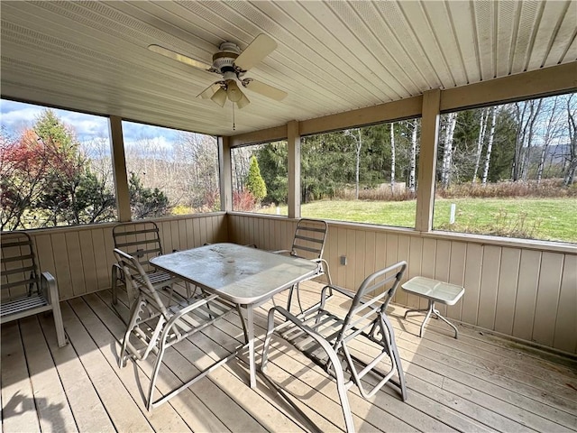 sunroom with wood ceiling and ceiling fan