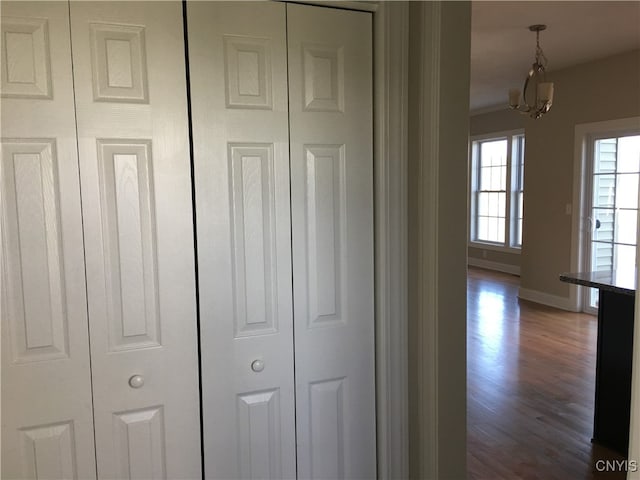 room details featuring a chandelier and wood-type flooring