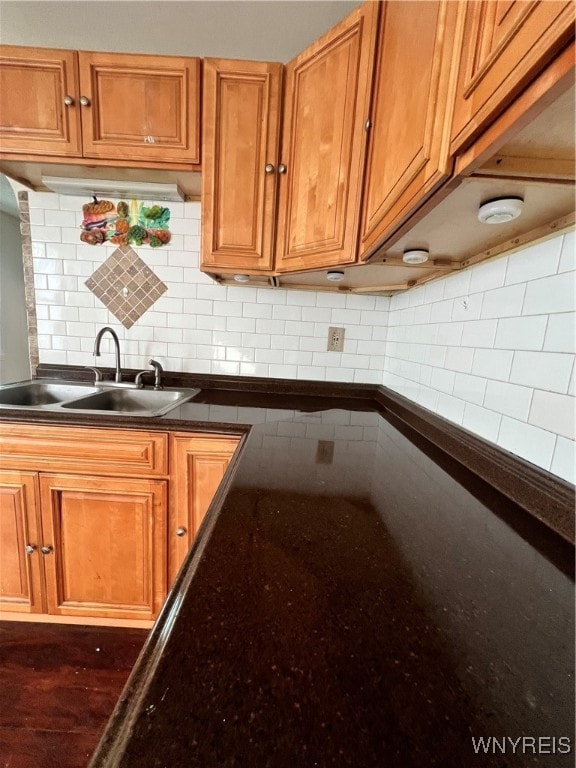 kitchen featuring dark hardwood / wood-style flooring, decorative backsplash, and sink