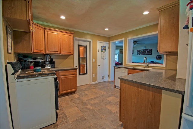 kitchen with white appliances, crown molding, sink, and kitchen peninsula