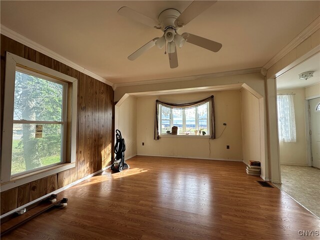 interior space with a wealth of natural light, hardwood / wood-style floors, and ceiling fan