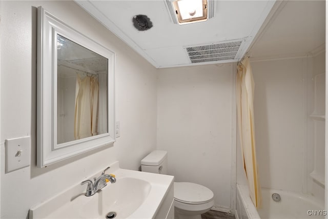 full bathroom with vanity, toilet, and shower / bathtub combination with curtain