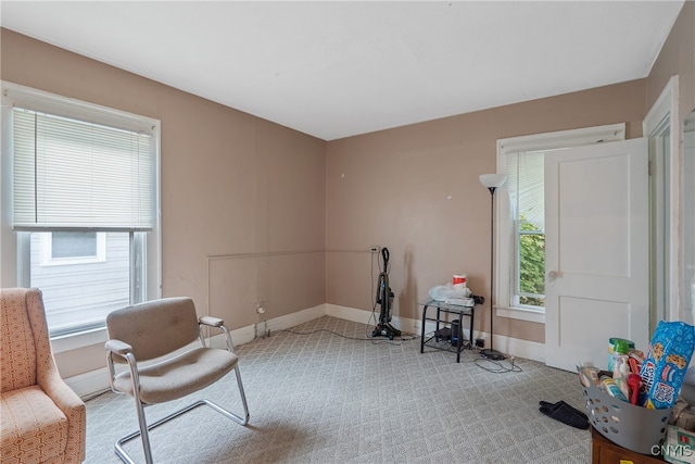 living area featuring light carpet