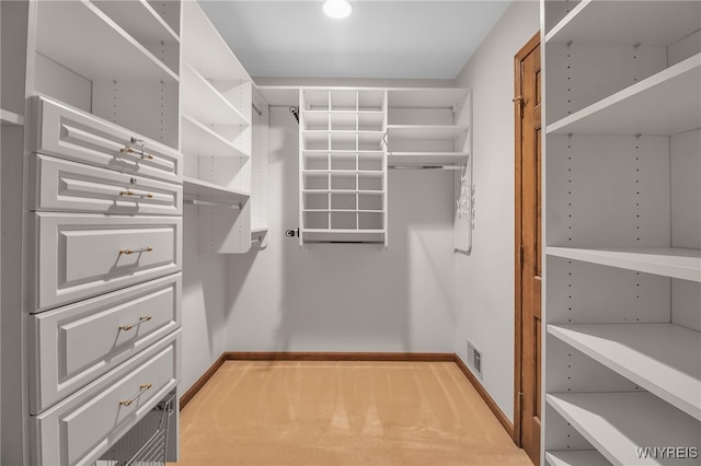 spacious closet featuring light carpet