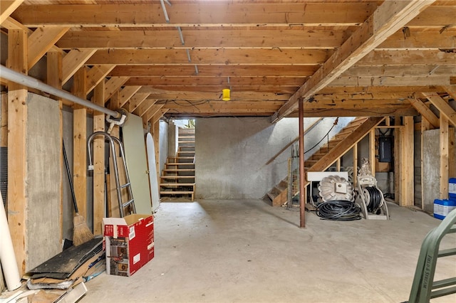 unfinished attic featuring electric panel