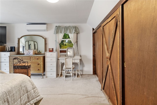 bedroom with vaulted ceiling, light carpet, and a wall mounted AC