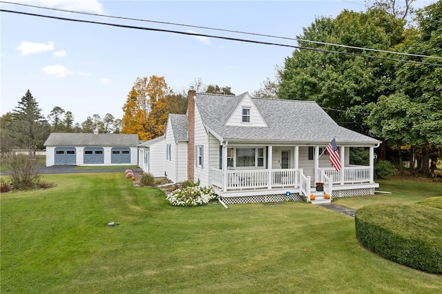 view of front of house featuring covered porch, an outbuilding, a garage, and a front lawn