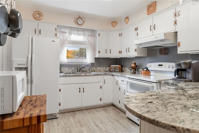 kitchen featuring white cabinetry, sink, white appliances, and light wood-type flooring