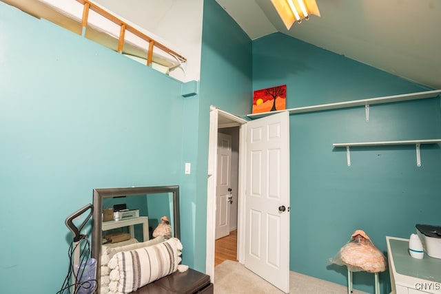 carpeted bedroom with lofted ceiling