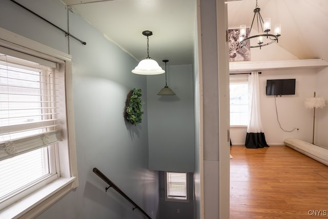 stairway featuring hardwood / wood-style floors, a notable chandelier, and a healthy amount of sunlight