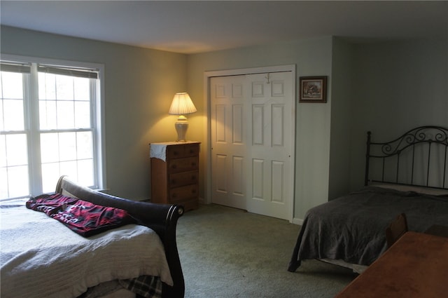 bedroom with a closet and light carpet