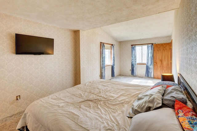 bedroom with lofted ceiling and a textured ceiling