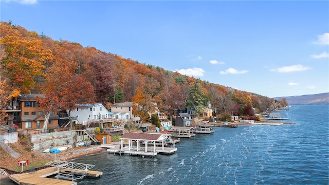 property view of water with a dock and a mountain view